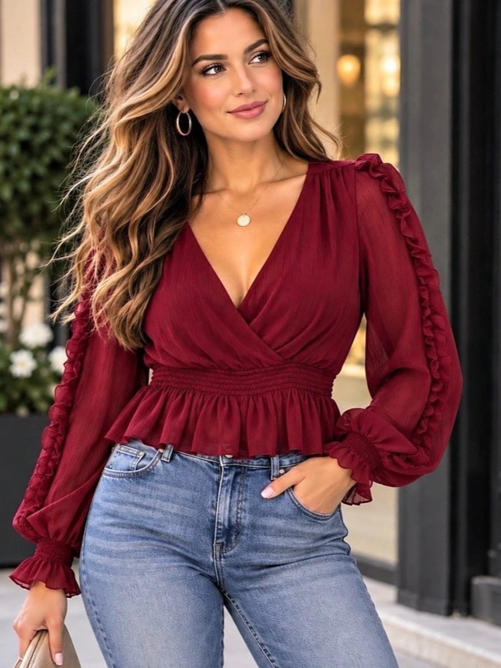 Express Surplice Peplum Ruffled Long Sleeve Blouse W/Smocked Waist. Size XS.
